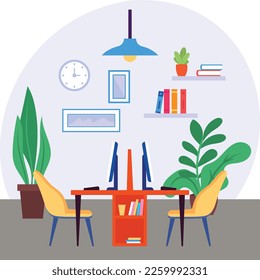 coworking space workstation concept, self sustainable Office vector color icon design, Green Office symbol, Eco Friendly Workspace sign, Modern interior design elements stock illustration 