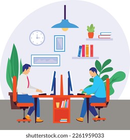 co-working space workstation concept, self sustainable Office vector color icon design, Green Office Worker symbol, Eco Friendly Workspace sign, aesthetic interior design elements stock illustration