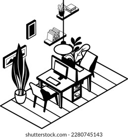 coworking space workstation concept, self sustainable Office vector icon design, Green Office symbol, Eco Friendly Workspace sign, Modern interior isometric black stock illustration