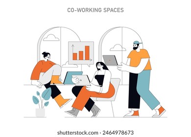 Konzept der Co-Working Spaces Interaktive und dynamische Shared Spaces für Teamarbeit und Wachstum Das neue Gesicht der Vektorillustration kollaborativer Arbeitsumgebungen