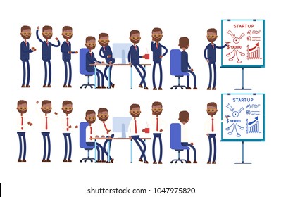 coworking, startup, joyful group discussions, draws a diagram on the board. indian businessman. cartoon character set