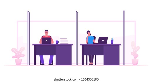 Coworking Team, Teamwork Group of Creative Man and Woman Sitting at Desk Boring and Working in Studio Office Employees Business People Work in Company Workflow Process. Flat Vector Illustration