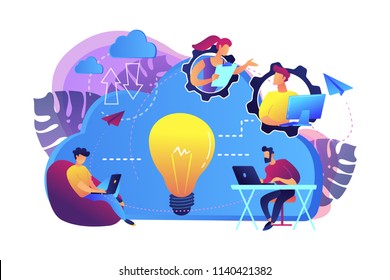 Coworking Team Of Users Connected By Cloud Computing And Light Bulb. Online Collaboration, Remote Business Management, Wireless Computing Service Concept, Violet Palette. Vector Isolated Illustration.