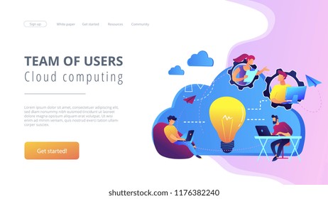 Coworking team of users connected by cloud computing and light bulb. Online collaboration, remote business management, wireless computing service concept, violet palette. Website landing web page