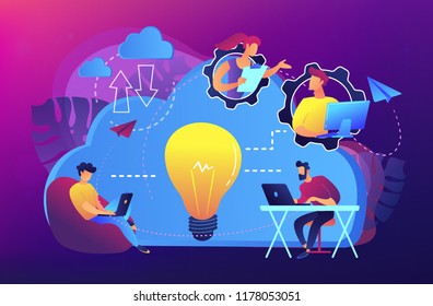 Coworking team of users connected by cloud computing and light bulb. Online collaboration, remote business management, wireless computing service concept, violet palette. Vector isolated illustration.