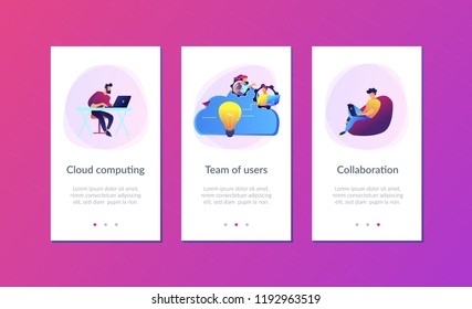 Coworking team of users connected by cloud computing and light bulb. Online collaboration, remote business management, wireless computing service concept, violet palette. UI UX GUI app interface