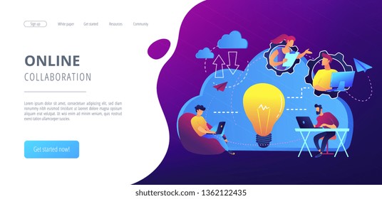 Coworking team of users connected by cloud computing and light bulb. Online collaboration, remote business management, wireless computing service concept, violet palette. Website landing web page