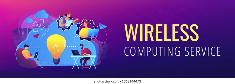 Coworking team of users connected by cloud computing and light bulb. Online collaboration remote business management, wireless computing service concept, violet palette. Header, footer banner template