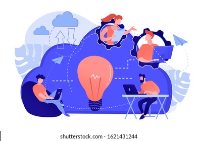 Coworking Team Of Users Connected By Cloud Computing And Light Bulb. Online Collaboration, Remote Business Management, Wireless Computing Service Concept. Vector Isolated Illustration.