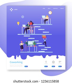 Coworking Team Work Landing Page. Open Workspace Concept with Flat People Characters Working Together Website Template. Easy Edit and Customize. Vector illustration