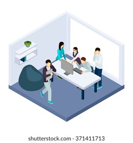 Coworking and teamwork with creative thinking help and brainstorming isometric vector illustration 
