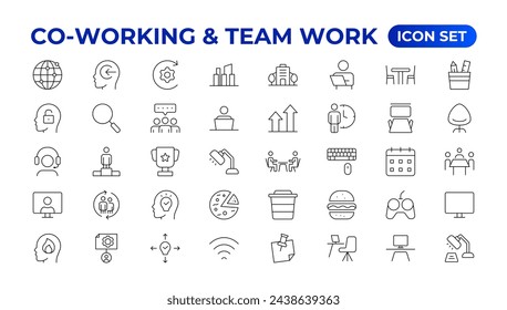 Coworking und Teamwork.Office und Coworking lineare Icons-Sammlung. Set von Coworking Space Icons.Business Teamwork, Teambuilding, Arbeitsgruppe und Personal Minimale dünne Linie Web Icon Set.