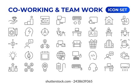 Co-working and Teamwork.Office and coworking linear icons collection. Set of coworking space Icons.Business teamwork, team building, work group, and human resources minimal thin line web icon set.