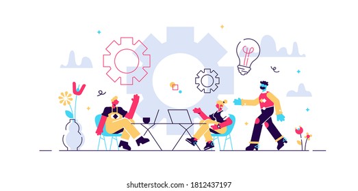 Ilustración vectorial de coworking. Banner estilizado con gente compartiendo oficina. Estilo de trabajo autodirigido, colaborativo, flexible y voluntario para hipsters y autónomos. Modernas tormentas de ideas y charlas.