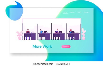 Coworking Website Landing Page. Male and Female Businesspeople Characters Sit at Tables with Computers in Modern Office Area Working at Workplace Web Page Banner. Cartoon Flat Vector Illustration