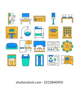 Coworking Work Office Collection Icons Set Vector. Coworking Layout And Furniture, Building And Parking, Workplace And Relaxation Place color Contour Illustrations