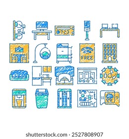coworking work office doodle icons set vector. sketch line art coworking layout and furniture, building and parking, workplace and relaxation place color illustrations