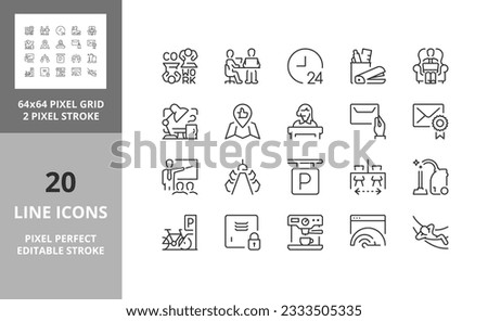 Coworking and work spaces services, thin line icon set. Outline symbol collection. Editable vector stroke. 64 and 256 Pixel Perfect scalable to 128px