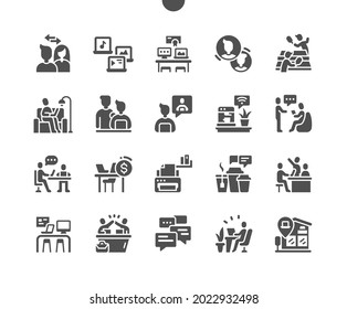 Coworking. Workplace. Experience exchange. Individual work. Teamwork and success. Vector Solid Icons. Simple Pictogram