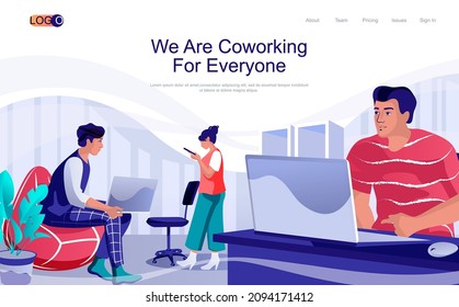 Coworking workspace concept isometric landing page. People work on laptops, communication and collaboration in open office, 3d web banner. Vector illustration in flat design for website template