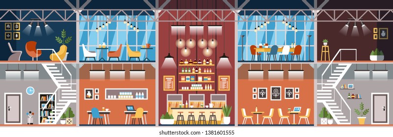 Coworking Workspace. Creative Office Interior. Indoor Concept and Furniture. Loft Style Restaurant. Open Space Center. Modern Working Environment. Co Working Company. Vector Flat Illustration.