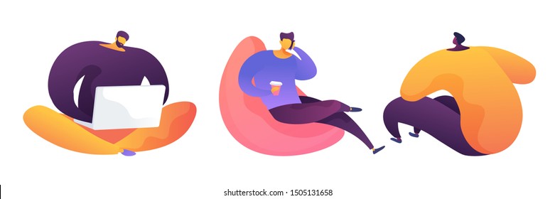 Coworking zone vector illustrations set. Office work. Programmer and freelancer working on project. Employee drinking coffee and having rest during work day isolated cartoon characters