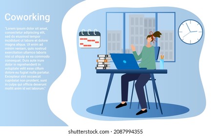 Coworking.A woman works in an office.Office work and production control.Poster in business style.Flat vector illustration.