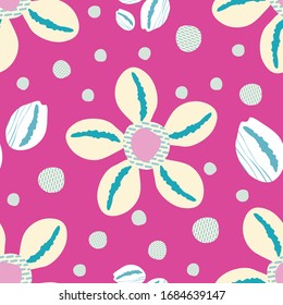 Cowrie shells seamless vector pattern background. Modern hand drawn mussel repeat ocean wildlife theme backdrop. Hot pink marine illustration all over print for summer seaside vacation resort concept.