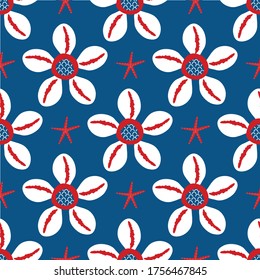 Cowrie shells seamless vector pattern background. Modern hand drawn mussel repeat ocean wildlife backdrop. Nautical color theme. All over print for summer seaside vacation beach resort concept.