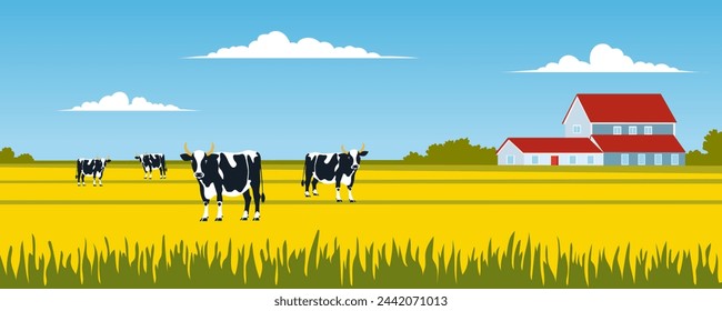 Cows against the backdrop of a beautiful rural landscape. Cows graze on a golden field with a farm in the background. Vector illustration in flat style for design.