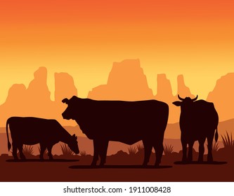 cows animasl farms silhouettes in the landscape vector illustration design