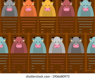 Cows in barn pattern seamless. Cattle on farm background. vector texture