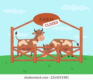 Cows behind wooden fence on closed farm vector illustration. Cartoon drawing of cattle pen, farm closing due to livestock and agriculture impact on ecology. Farming, environment, nature concept