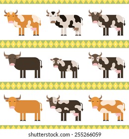 Cows, bulls and calf flat vector illustration isolated on white background - stock vector.
Various spots in cows