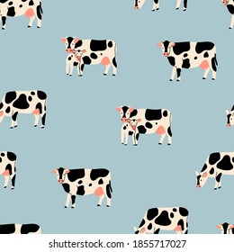 Cows and Calf standing and looking. Cute animals. Hand drawn trendy Vector illustration. Funny characters. Cartoon style. Flat design. Colorful square Seamless Pattern. Background, Wallpaper