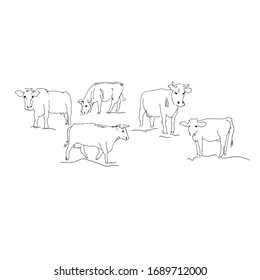 Kühe auf der Wiese. Herd. Vektorillustration. Kunst. Line Art.