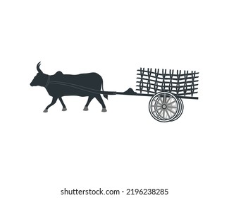 Vacas con carrito sobre fondo blanco, concepto tradicional de la silueta de transporte naturaleza