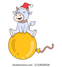 cows celebrating christmas party riding balloons, vector illustration art. doodle icon image kawaii.