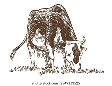 Cows chewing grass farm on grazing on meadow. Hand drawn farm land vector illustration. Rural landscape, village vintage sketch