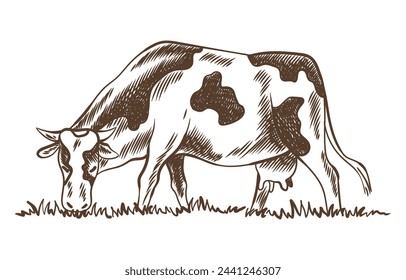 Cows chewing grass farm on grazing on meadow. Rural landscape, village vintage sketch. Hand drawn farm land vector illustration