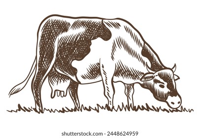 Cows chewing grass farm on grazing on meadow. Rural landscape, village vintage sketch. Hand drawn farm land vector illustration