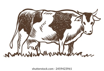 Cows chewing grass farm on grazing on meadow. Rural landscape, village vintage sketch. Hand drawn farm land vector illustration