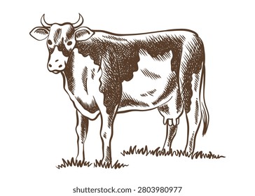 Cows chewing grass farm on grazing on meadow. Rural landscape, village vintage sketch. Hand drawn farm land vector illustration