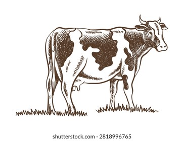 Cows chewing grass farm on grazing on meadow. Rural landscape, village vintage sketch. Hand drawn farm land vector illustration