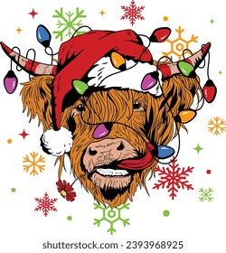 Cows Christmas Lights, Christmas Cows, Highland Cow, Western Mooey Christmas, Retro Cow With Santa Hat, Funny Cow XMas Png, Funny Christmas, Cow with santa hat	