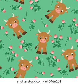 Cows and clover flowers green seamless pattern. Childish vector seamless wallpaper.