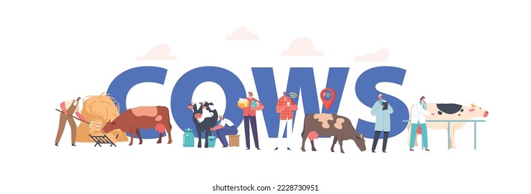 Cows Concept, Male and Female Characters Care of Cattle on Ranch, Men and Women Feeding, Milking Animals on Livestock. Farm Industry Poster, Banner or Flyer. Cartoon Vector Illustration