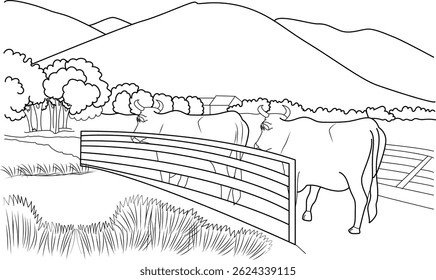 Cows in the Countryside Line Art, Black and white line art drawing depicting two cows in a rural landscape with a fence or gate, grass, hills, and a building in the background. Simple outline