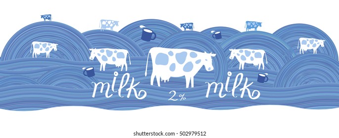 Cows and cup of milk on a blue field. Label for dairy products