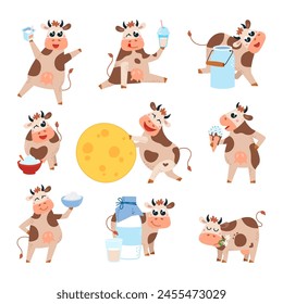 Cows and dairy products. Cartoon cow hold cheese, milk bottle and ice cream, tasty yoghurt and sour cream. Farm agriculture funny classy vector characters